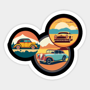 t-shirt design featuring a vintage car with a scenic landscape in the background, detailed illustration, and retro style2 Sticker